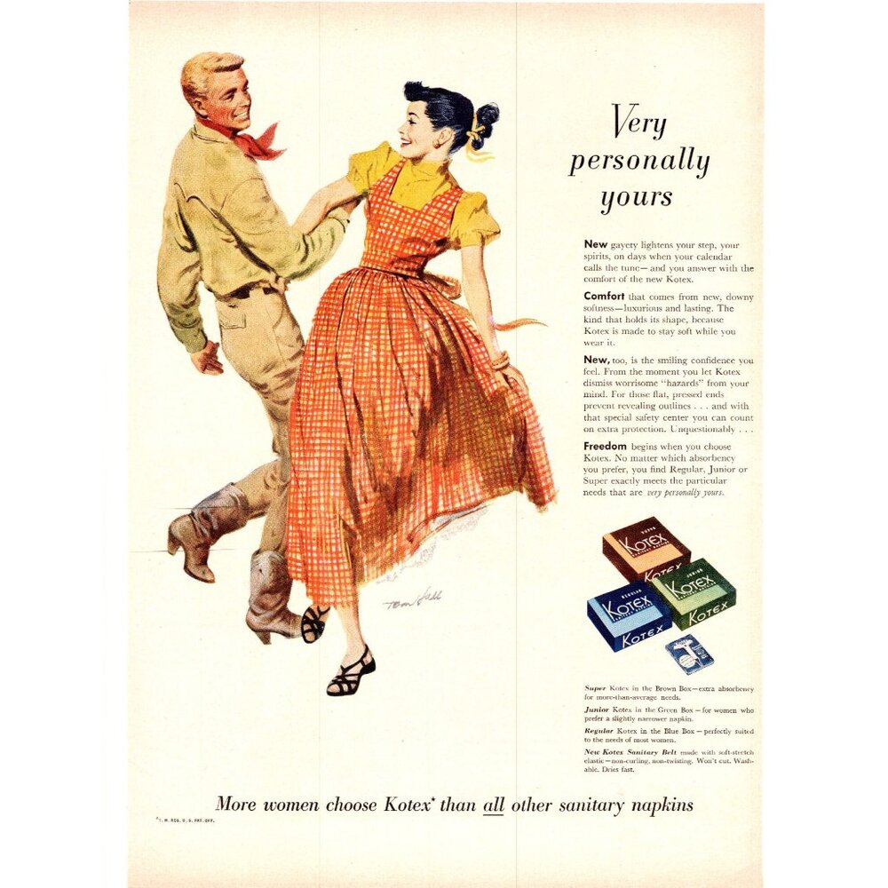 1950 Kotex Pads Sanitary Napkins Couple Square Dancing Vintage Print Ad Wall Art